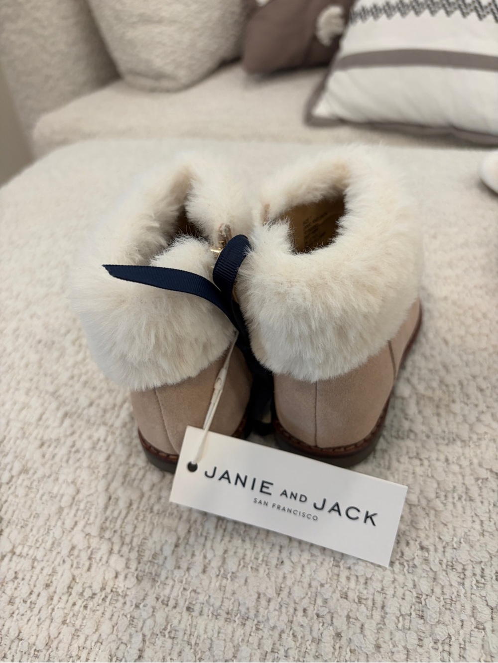 Janie and Jack Cream Faux-Fur Cuff Beige Suede Booties with Navy Bow